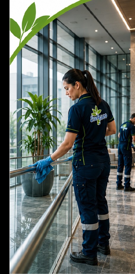 Trabajadora EcoAseo en edificio corporativo