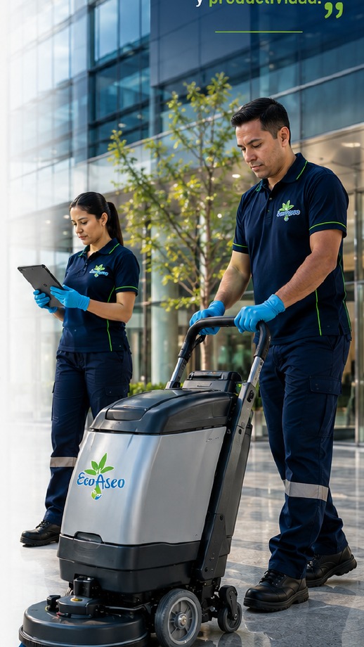 Equipo EcoAseo trabajando con máquina de limpieza profesional