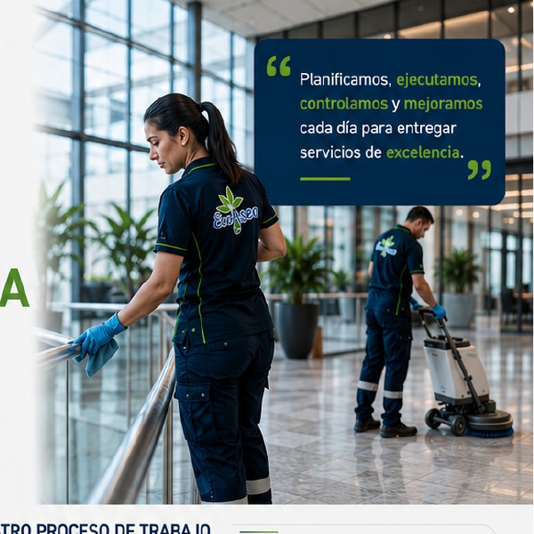 Equipo EcoAseo limpiando barandas y pisos en edificio corporativo